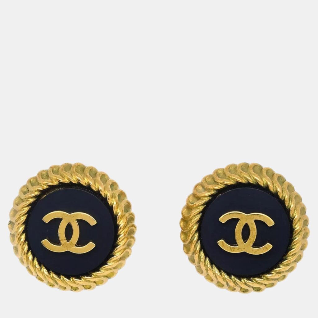 luxury-women-chanel-used-accessories-p1127437-001 Chanel Gold Black Button Clip-On Earrings