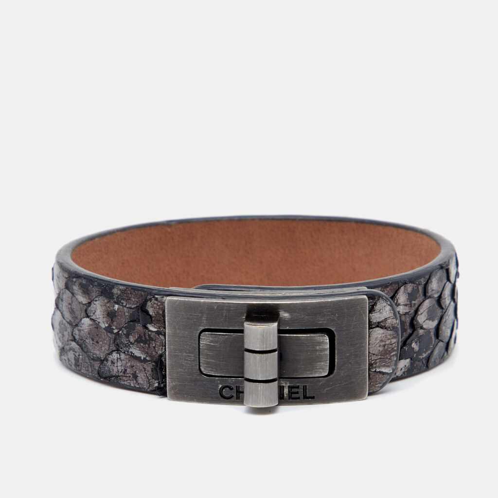 luxury-women-chanel-used-accessories-p653094-002-2 Chanel Grey Metallic Snakeskin Leather Bracelet