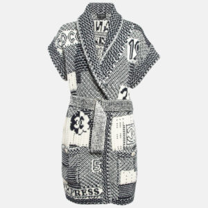 Chanel Black/White Intarsia Knit Cashmere Belted Cardigan S
