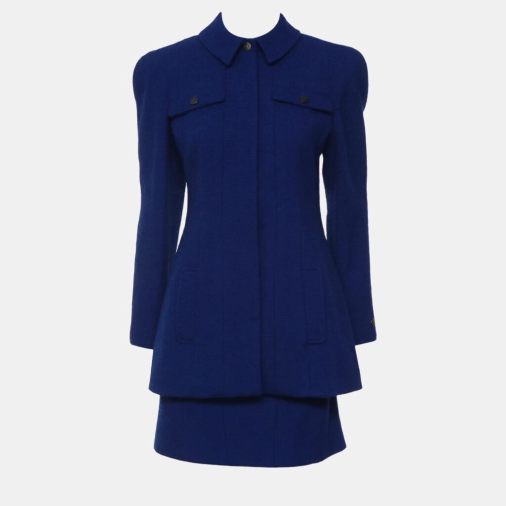 Chanel Blue Tweed Button-Up Jacket And Tweed Skirt Set M