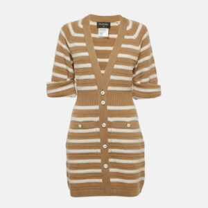 Chanel Beige/Ivory Stripe Cashmere Knit Button Front Mini Sweater Dress M