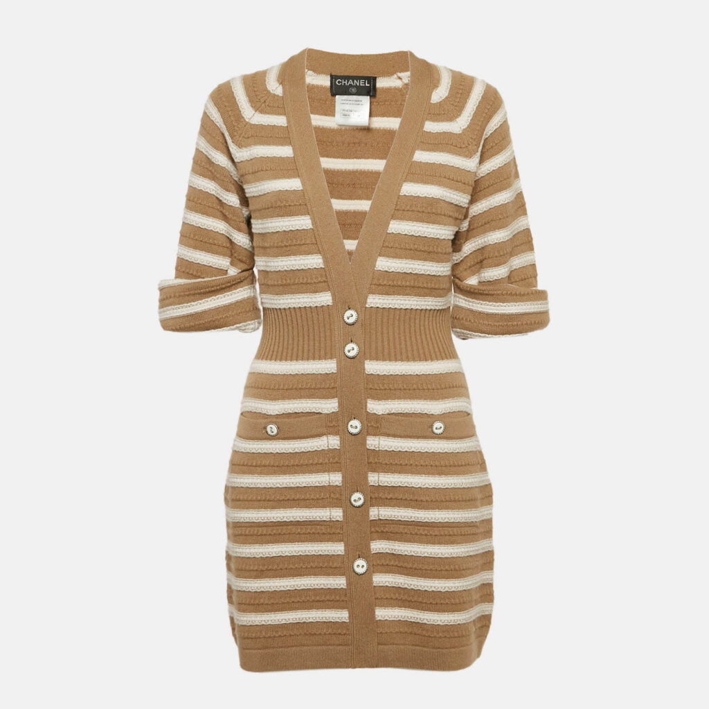 luxury-women-chanel-used-clothes-p1080488-001 Chanel Beige/Ivory Stripe Cashmere Knit Button Front Mini Sweater Dress M