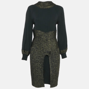 Chanel Black Wool Blend and  Lurex Knit High Neck Midi Dress M