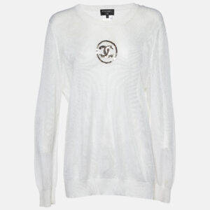 Chanel Off-White Knit Sequin Logo Detail Full Sleeve Sweater L