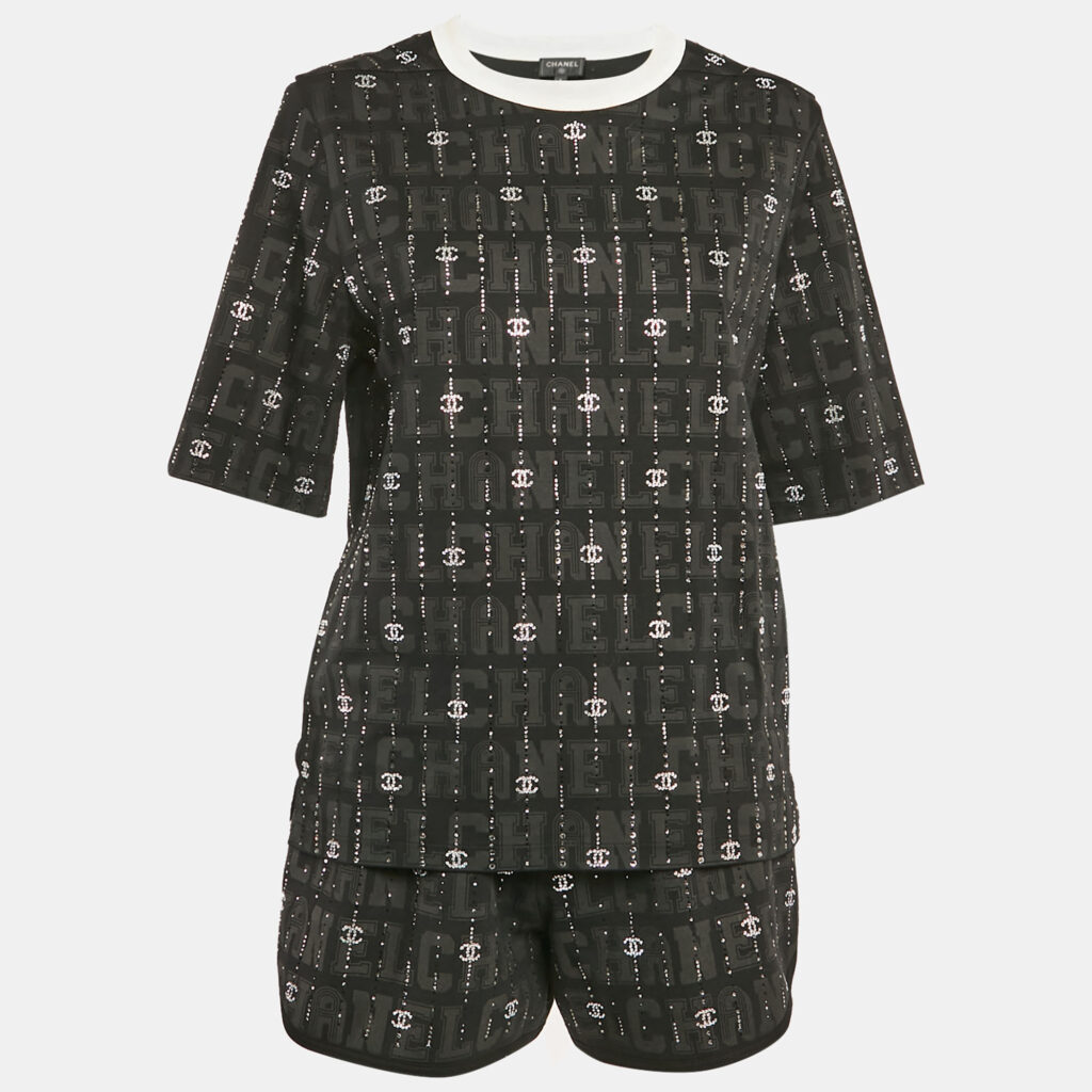 Chanel Black CC Rhinestone Cotton Jersey T-Shirt and Shorts Set S