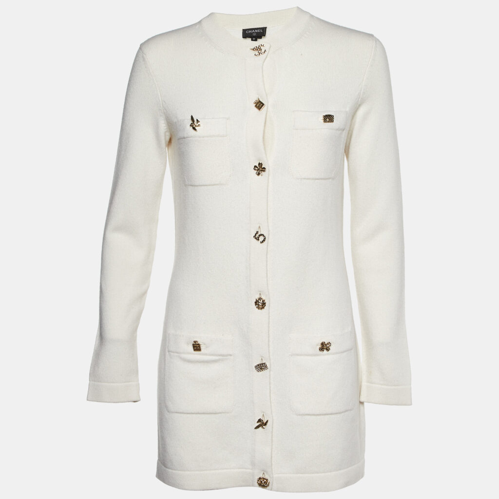 luxury-women-chanel-used-clothes-p1127721-001 Chanel Cream Cashmere Knit Lucky Charms Detail Cardigan S