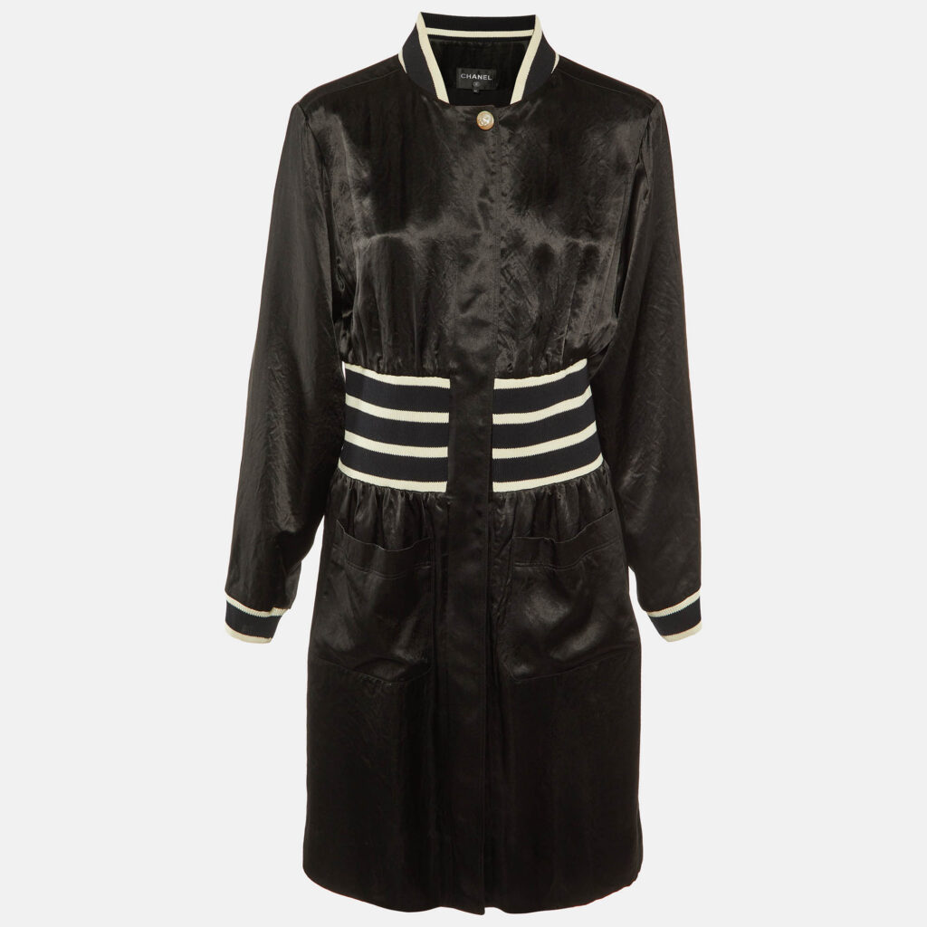 Chanel Black Satin Zip-Up Short Varsity Dress M
