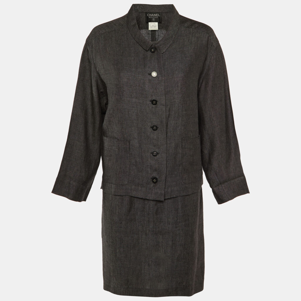 Chanel Grey Linen Formal Dress and Jacket Set M