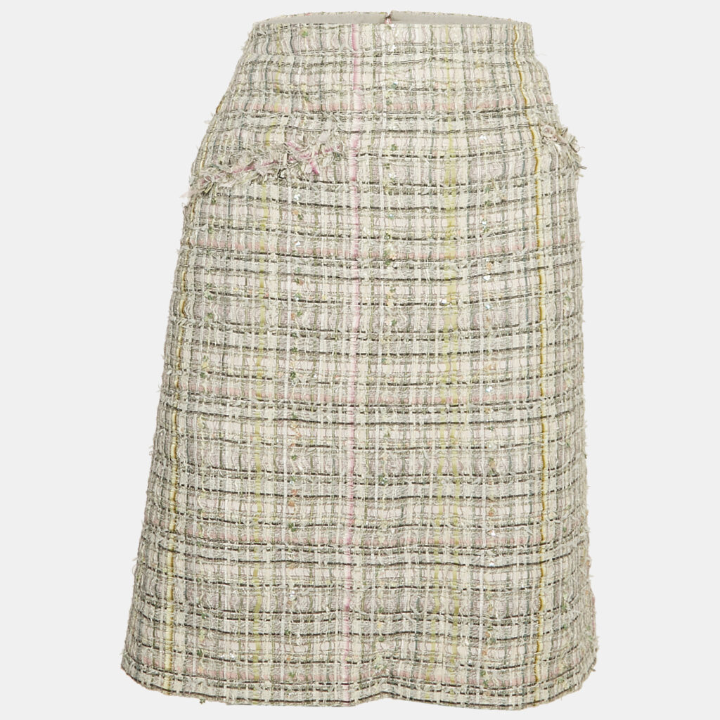luxury-women-chanel-used-clothes-p1144177-001 Chanel White Sequin Embellished Tweed Pencil Skirt S