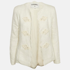 Chanel White Tweed Beads Embellished Jacket S
