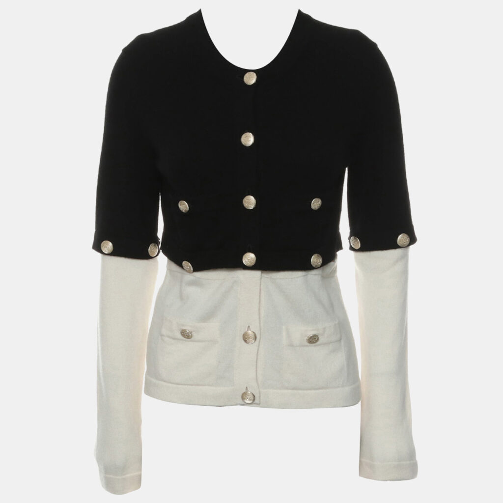 luxury-women-chanel-used-clothes-p1147280-012 Chanel Black & Off-White Cashmere Detachable Buttoned Cardigan FR Women 36