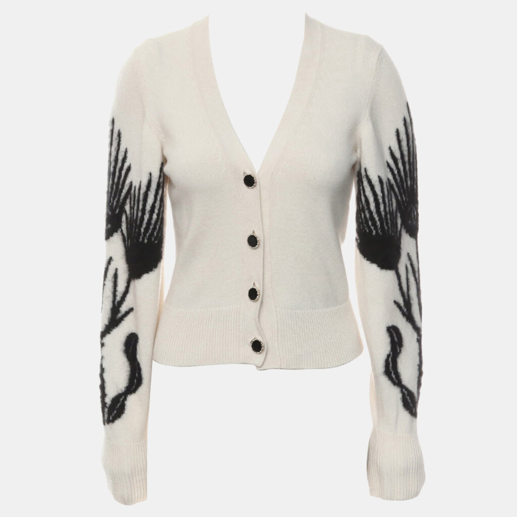 luxury-women-chanel-used-clothes-p1147281-008 Chanel Off-White & Black Cashmere and Silk Cashmere Cropped Cardigan FR Women 34