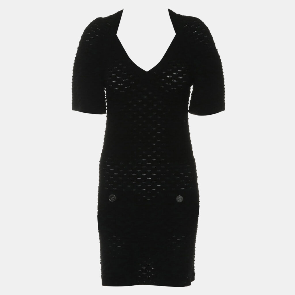 luxury-women-chanel-used-clothes-p1147352-001 Chanel Black Wool Knitted Short Sleeve Dress FR Women 34