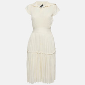 Chanel Off-White Knit Pleated Knee-Length Dress M