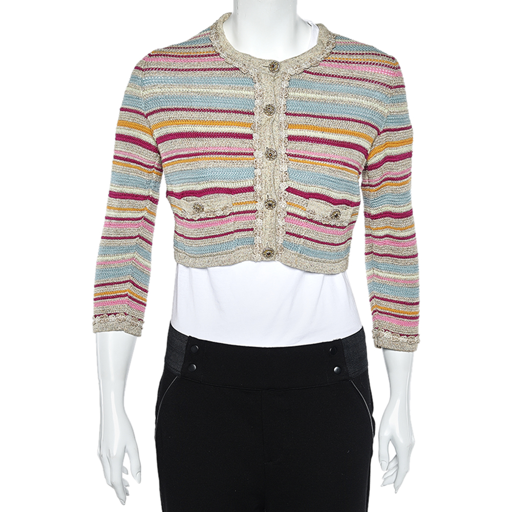luxury-women-chanel-used-clothes-p572116-006-2 Chanel Multicolor Stripe Cotton Knit Cardigan M