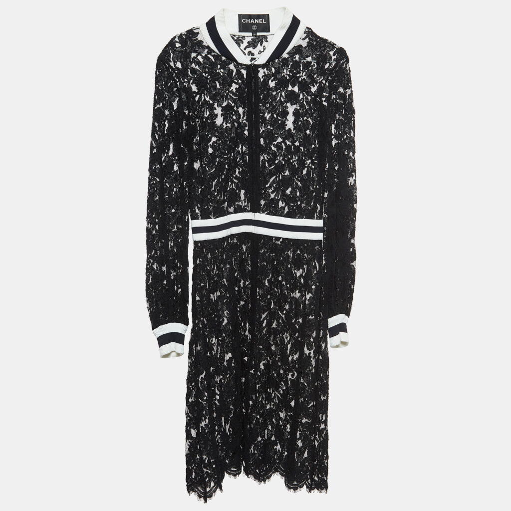luxury-women-chanel-used-clothes-p904569-004 Chanel Black Floral Lace Zip-Up Dress S