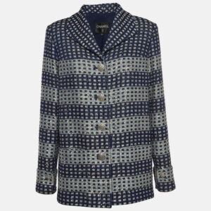 Chanel Blue Glitter Tweed Sequin Detail Long  Jacket L