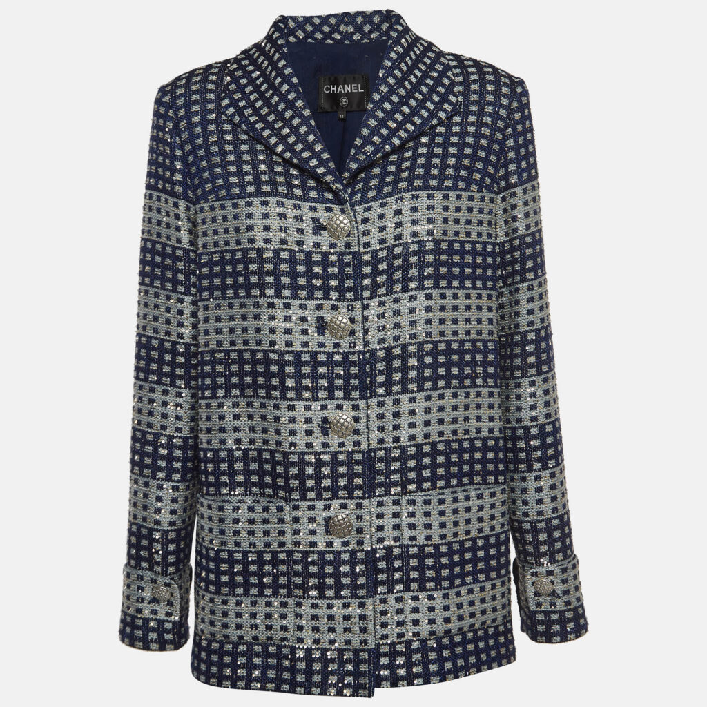 luxury-women-chanel-used-clothes-p920884-004 Chanel Blue Glitter Tweed Sequin Detail Long Jacket L