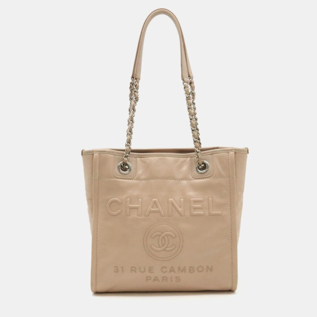 luxury-women-chanel-used-handbags-p1012374-005 Chanel Beige Leather Small Deauville Tote Bag