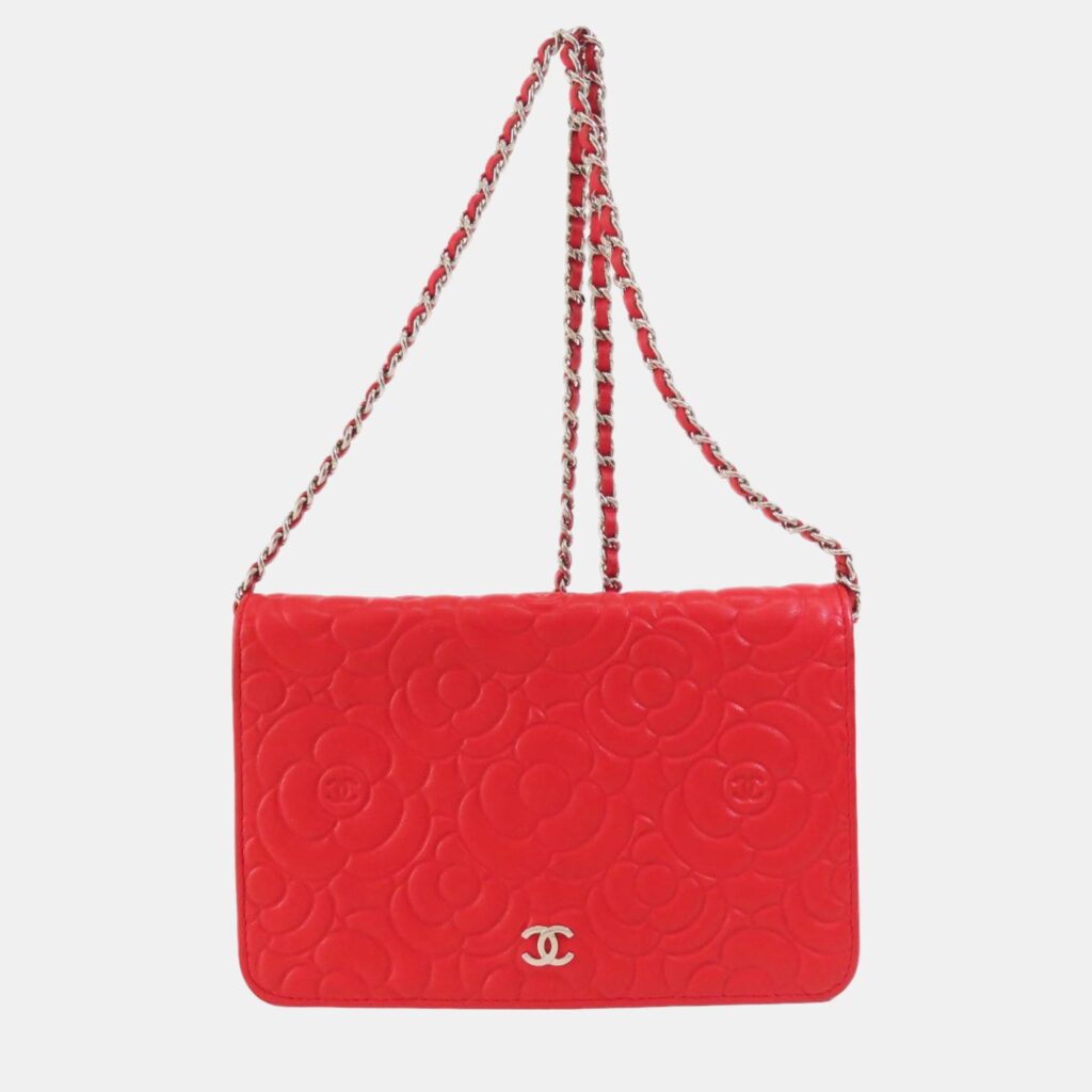 luxury-women-chanel-used-handbags-p1013359-002 Chanel Red Camellia Leather Embossed Wallet On Chain
