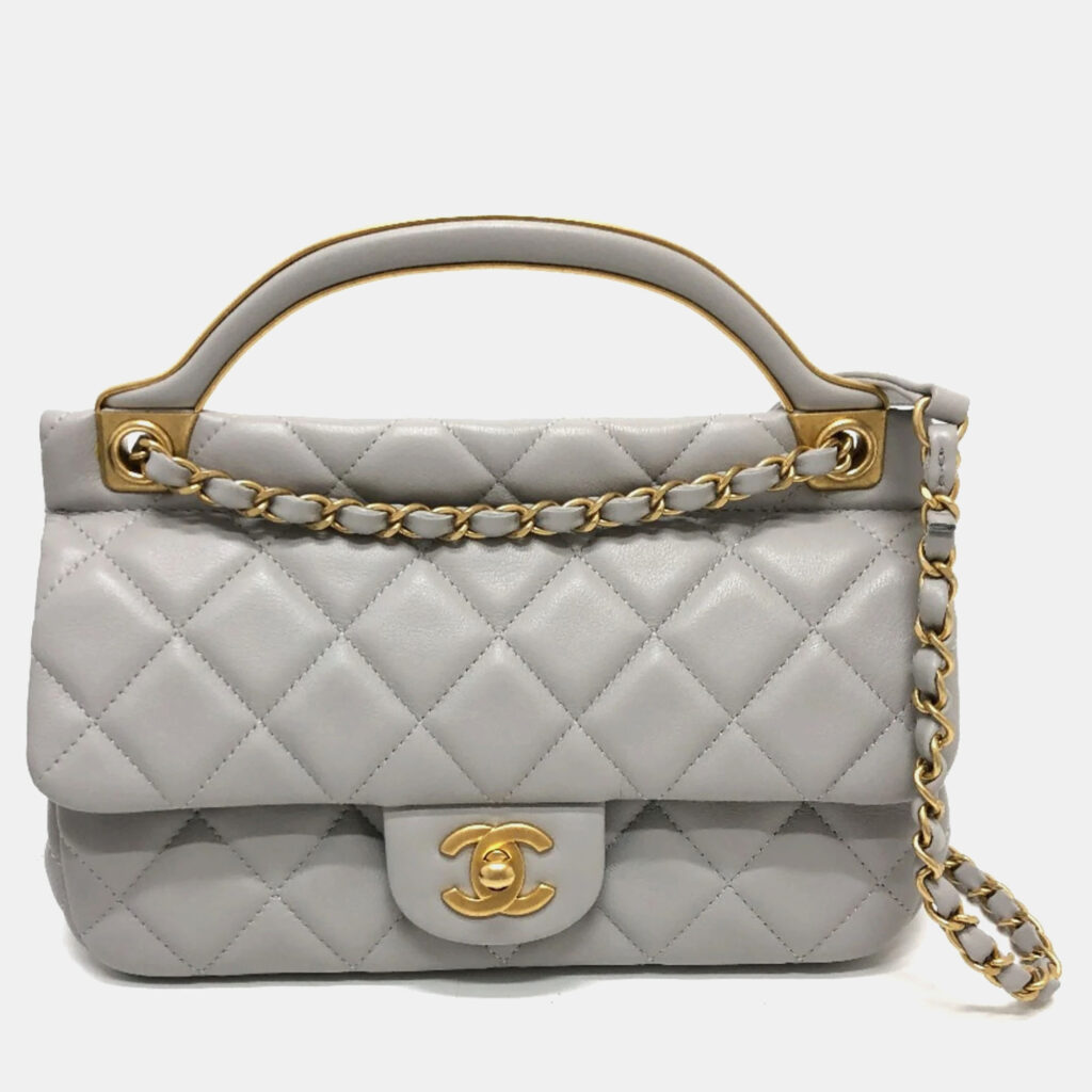 luxury-women-chanel-used-handbags-p1021489-005 Chanel Grey Calfskin Quilted Small Lady Handle Clutch With Chain