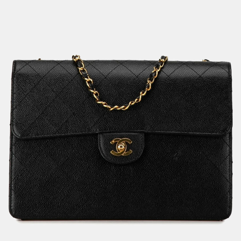 luxury-women-chanel-used-handbags-p1021494-001 Chanel Black Quilted Caviar Jumbo Classic Single Flap Shoulder Bag