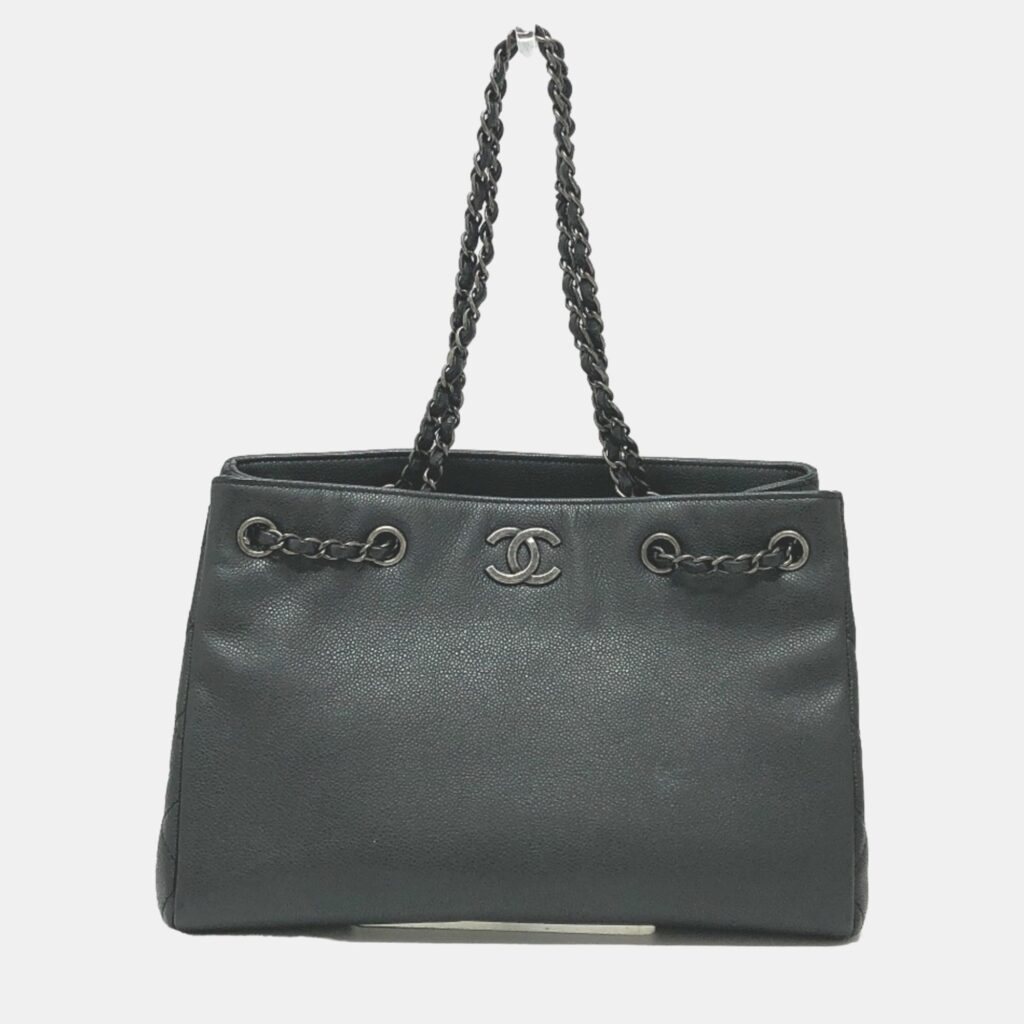 luxury-women-chanel-used-handbags-p1022130-002 Chanel Black Caviar Large Woven Chain Shopping Tote Bag