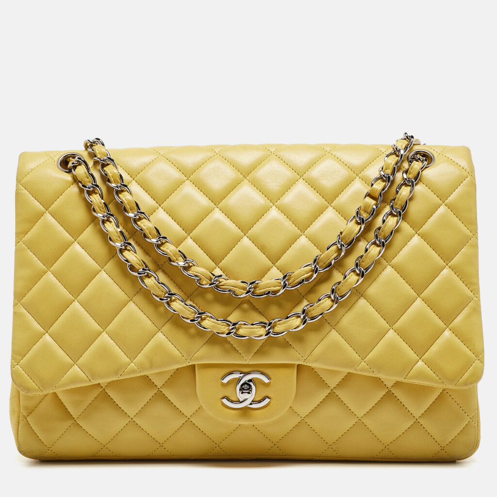 luxury-women-chanel-used-handbags-p1024681-024 Chanel Yellow Quilted Leather Maxi Classic Single Flap Bag