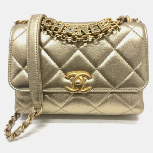 Chanel Gold Quilted Lambskin Mini Crystal Logo Letters Chain Handle Flap Bag