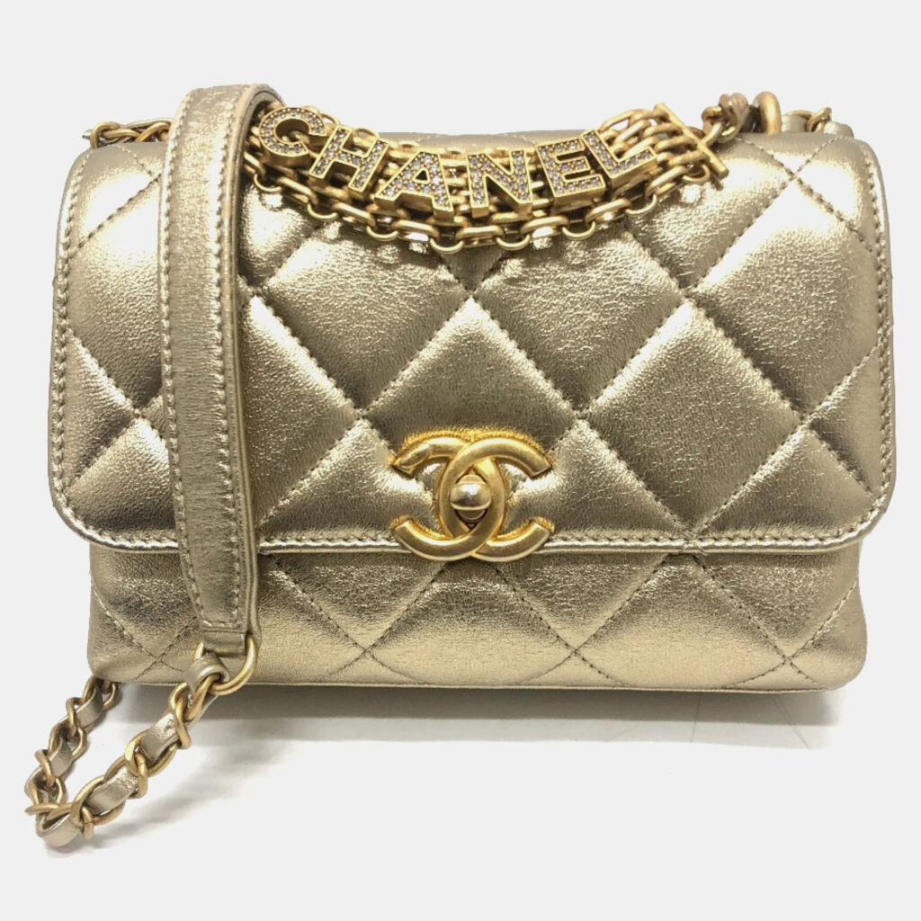 luxury-women-chanel-used-handbags-p1033869-012 Chanel Gold Quilted Lambskin Mini Crystal Logo Letters Chain Handle Flap Bag