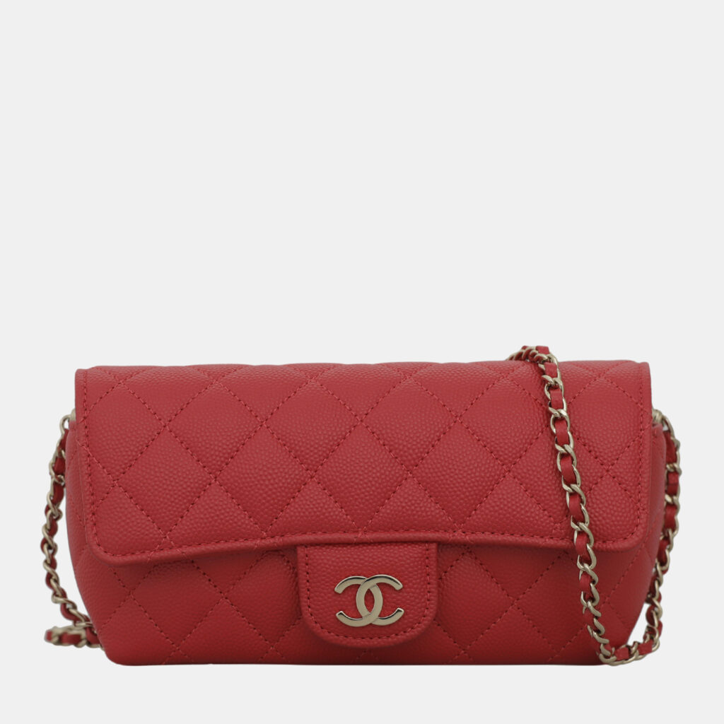 luxury-women-chanel-used-handbags-p1037760-001 Chanel Red Caviar Leather CC Glasses Case with Chain Shoulder Bag