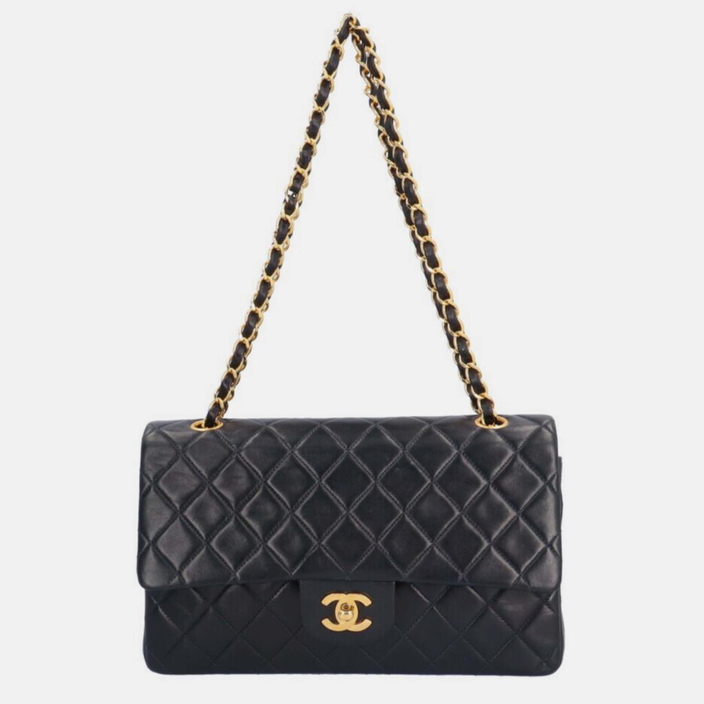 luxury-women-chanel-used-handbags-p1038051-004 Chanel Black Lambskin Leather Medium Classic Double Flap Shoulder Bag