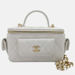 Chanel White Caviar Quilted Polly Pocket East West Top Vanity With Chain