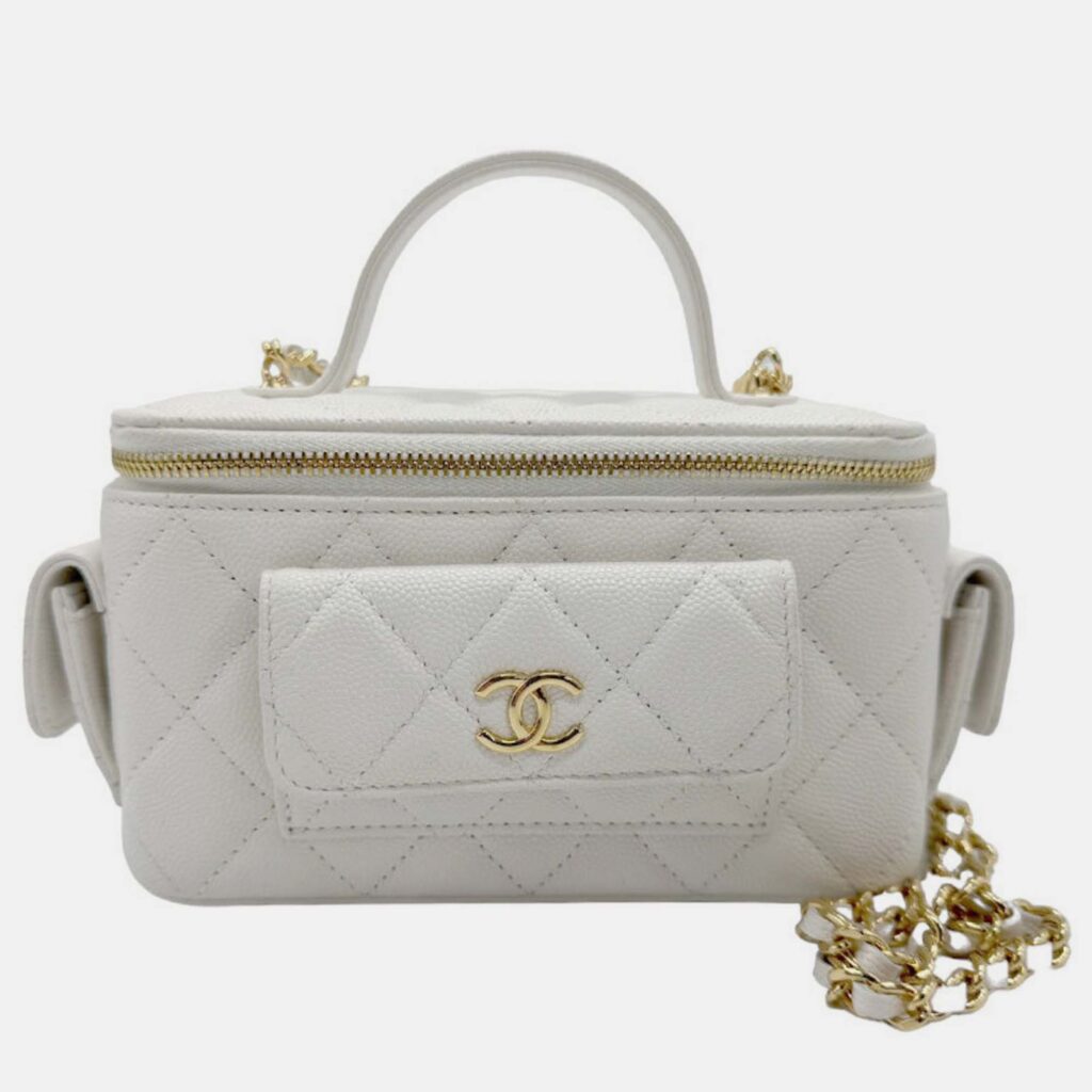 luxury-women-chanel-used-handbags-p1038082-001 Chanel White Caviar Quilted Polly Pocket East West Top Vanity With Chain