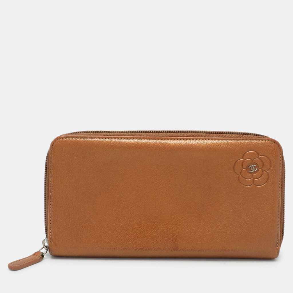 luxury-women-chanel-used-handbags-p1038510-001 Chanel Brown Leather Camellia Zip Around Wallet