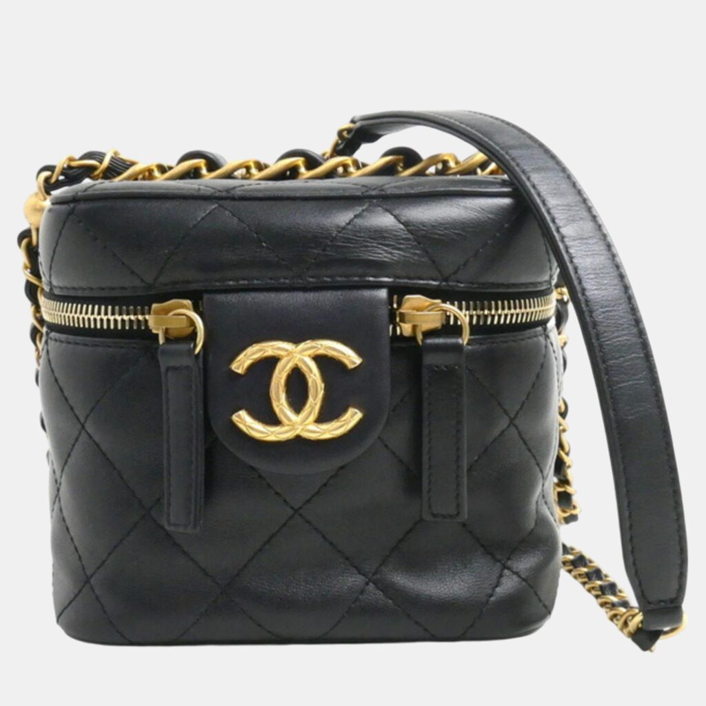 luxury-women-chanel-used-handbags-p1043722-001 Chanel Black Matelasse Small Vanity Chain Shoulder Bag
