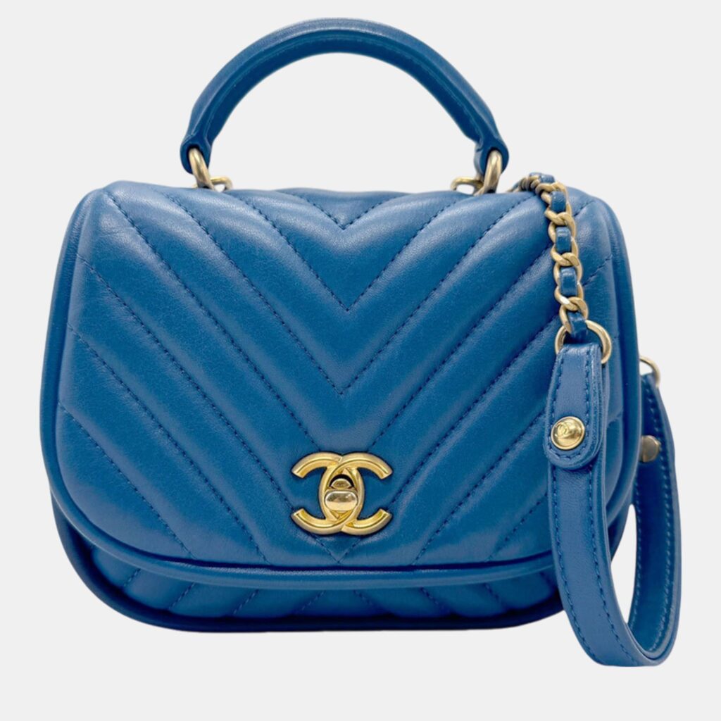 luxury-women-chanel-used-handbags-p1043770-005 Chanel Blue Gold Leather V Stitch Handbag