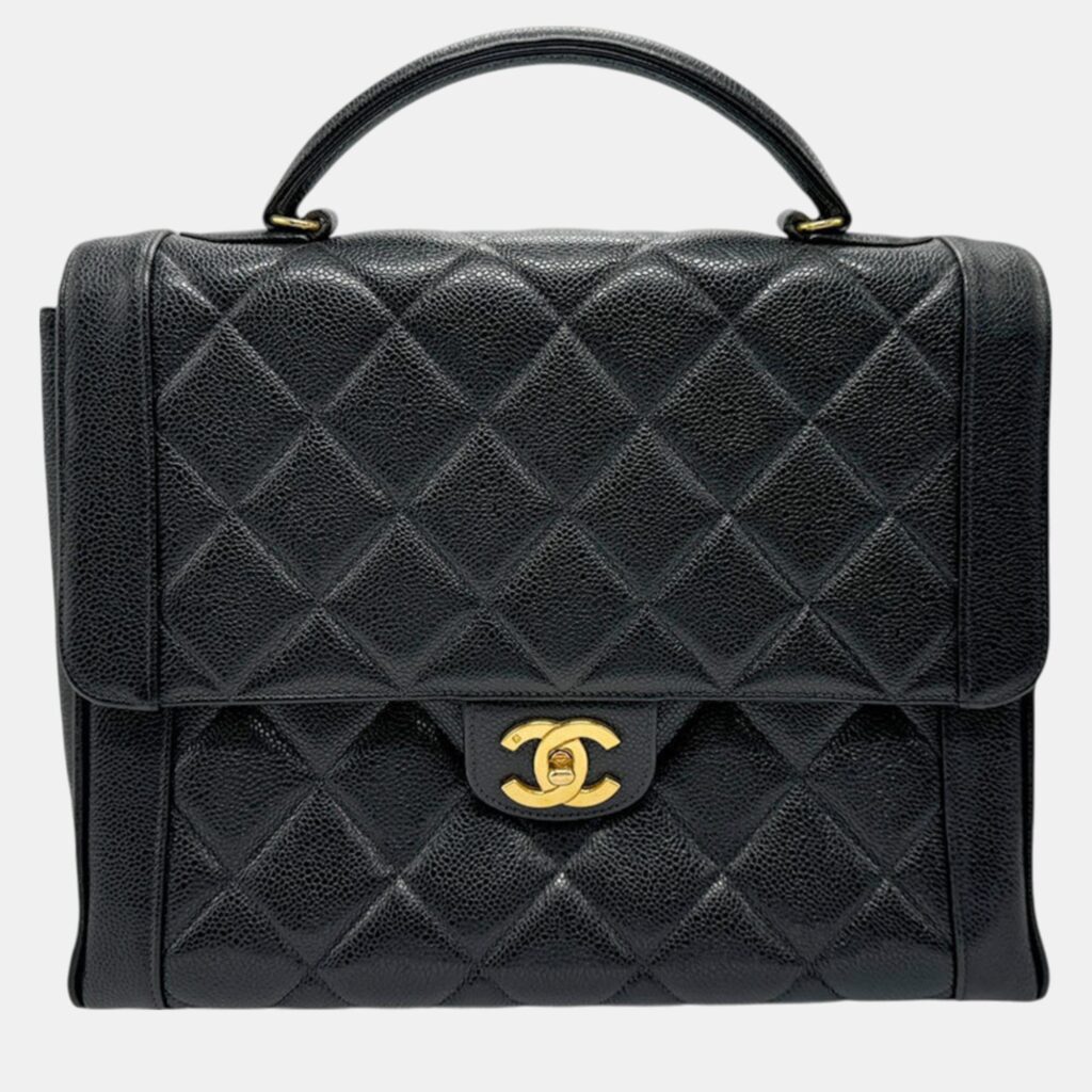 luxury-women-chanel-used-handbags-p1045036-002 Chanel Black Gold Caviar Skin Leather Matelasse Handbag