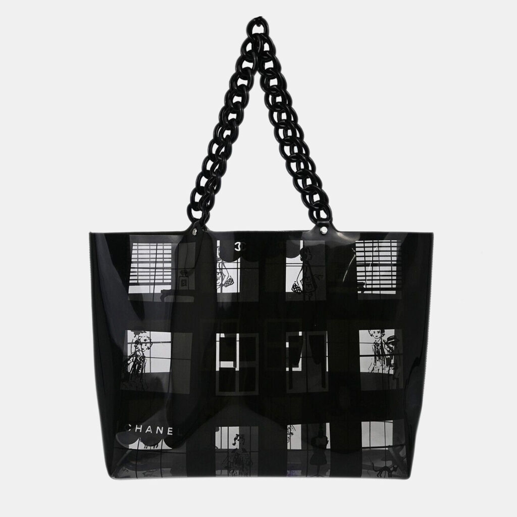 luxury-women-chanel-used-handbags-p1071261-012 Chanel Black Vinyl Window Tote Handbag