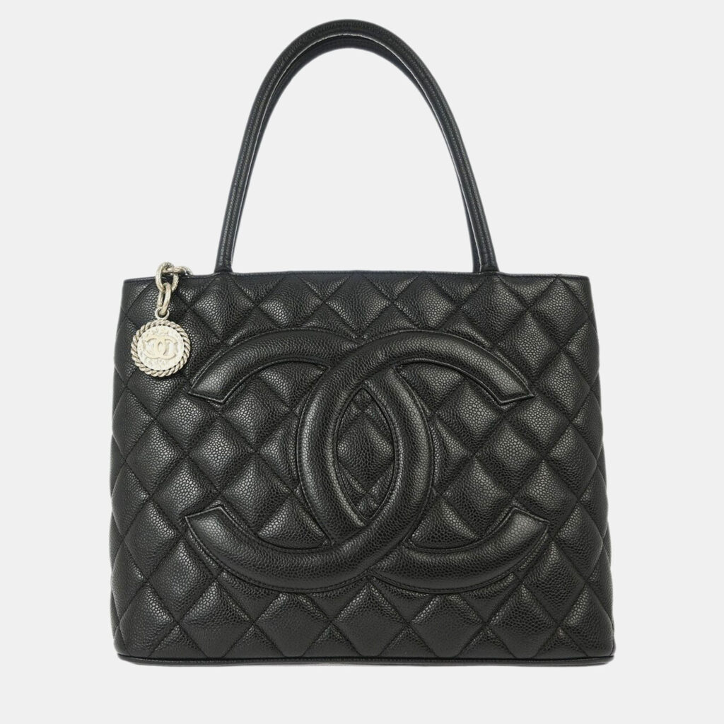 luxury-women-chanel-used-handbags-p1076126-001 Chanel Black Calfskin Medallion Tote Handbag
