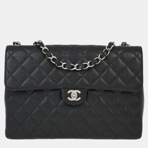 Chanel Black Calfskin Jumbo Classic Flap Shoulder Bag