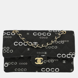 Chanel Black Canvas Coco Medium Classic Double Flap Shoulder Bag