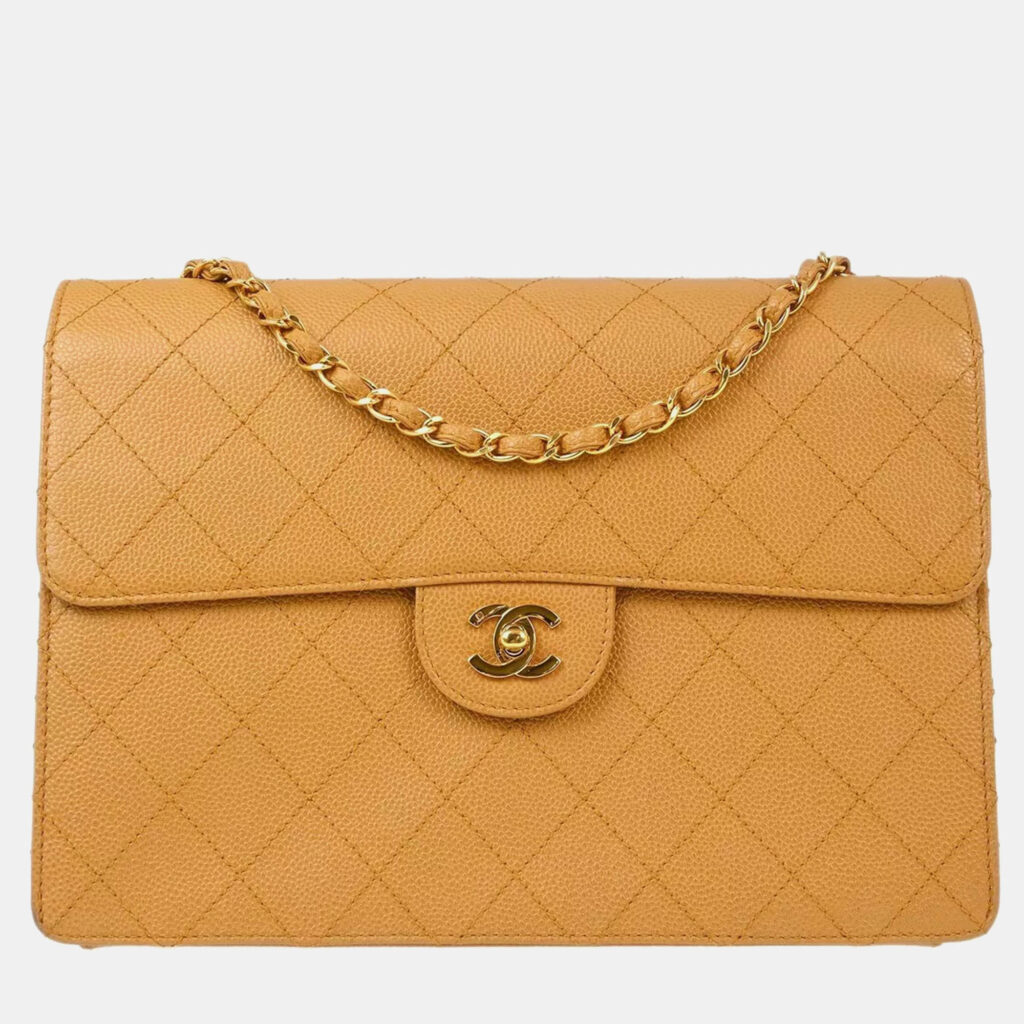 luxury-women-chanel-used-handbags-p1076201-018 Chanel Beige Calfskin Single Flap Shoulder Bag