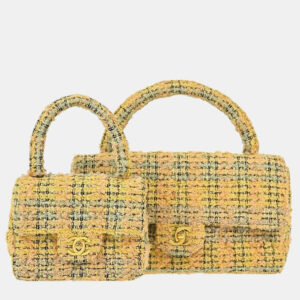 Chanel Yellow Tweed Classic Single Flap 2 In 1 Hand Bag Set