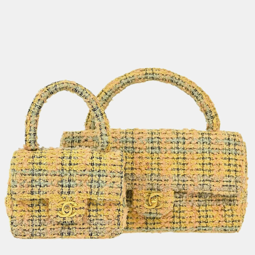 luxury-women-chanel-used-handbags-p1076215-011 Chanel Yellow Tweed Classic Single Flap 2 In 1 Hand Bag Set