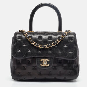 Chanel Black Cross Stitch Leather Mini Paris-Rome Coco Top Handle Bag