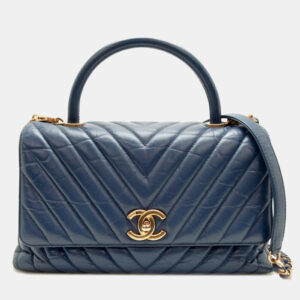 Chanel Calf Leather Blue V-stitch Coco Handle Chain Shoulder Bag