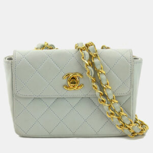 Chanel Leather Light Blue Gold Matelasse Shoulder Bag