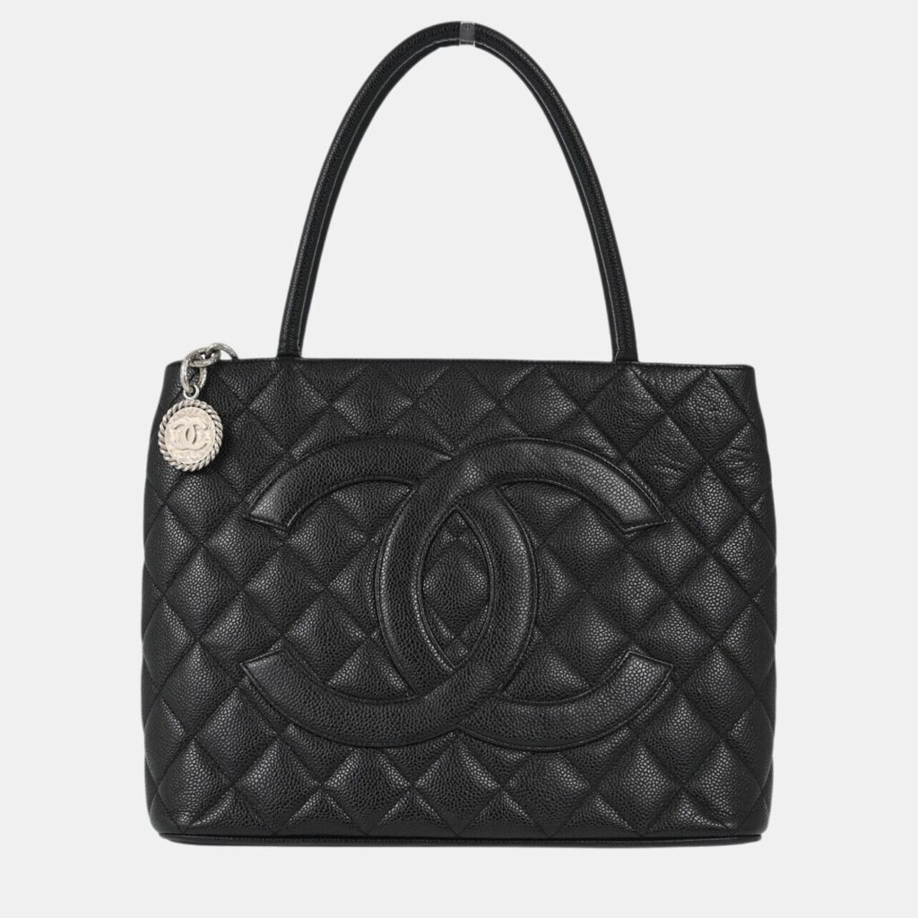 luxury-women-chanel-used-handbags-p1076896-002 Chanel Black Calfskin Medallion Tote Handbag
