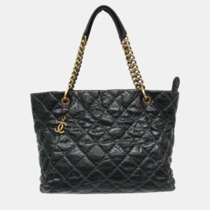 Chanel Black Navy Matelasse Chain Caviar Leather Tote Bag